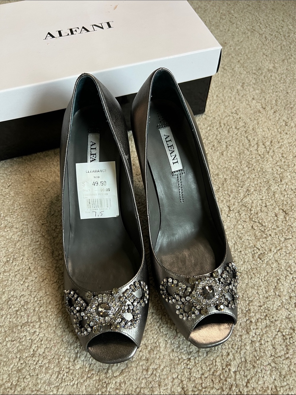 Alfani Metallic Pewter Peep-Toe Heels with Crystal Embellishments size 7.5